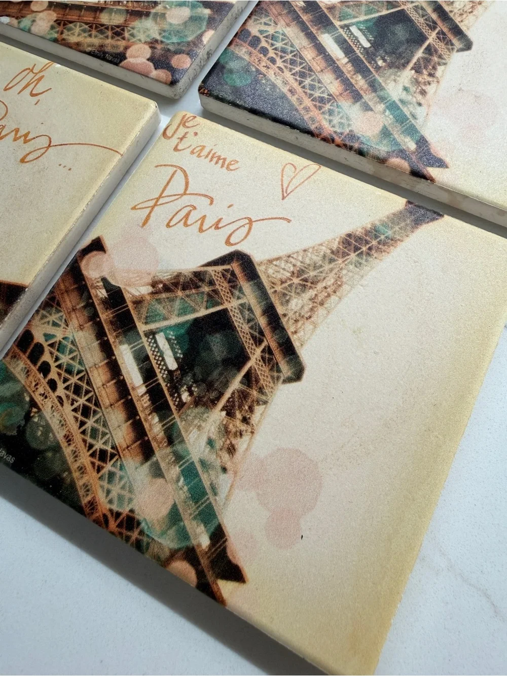Paris Eiffel Tower Decorative Coasters Set of 4— Beige, Teal, Pink